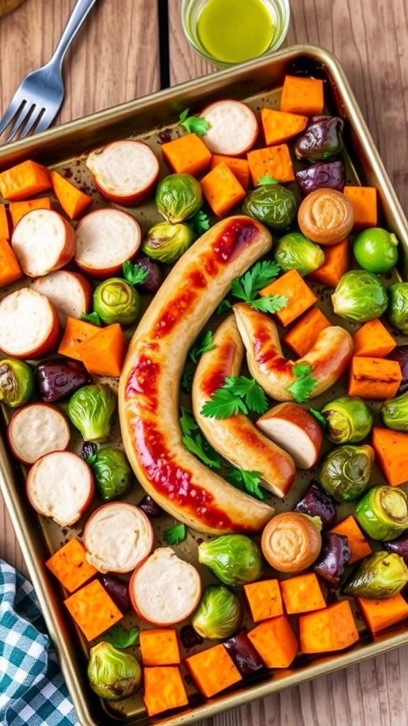 Sheet pan with chicken sausage, Brussels sprouts, and sweet potatoes, garnished with parsley on a wooden table.